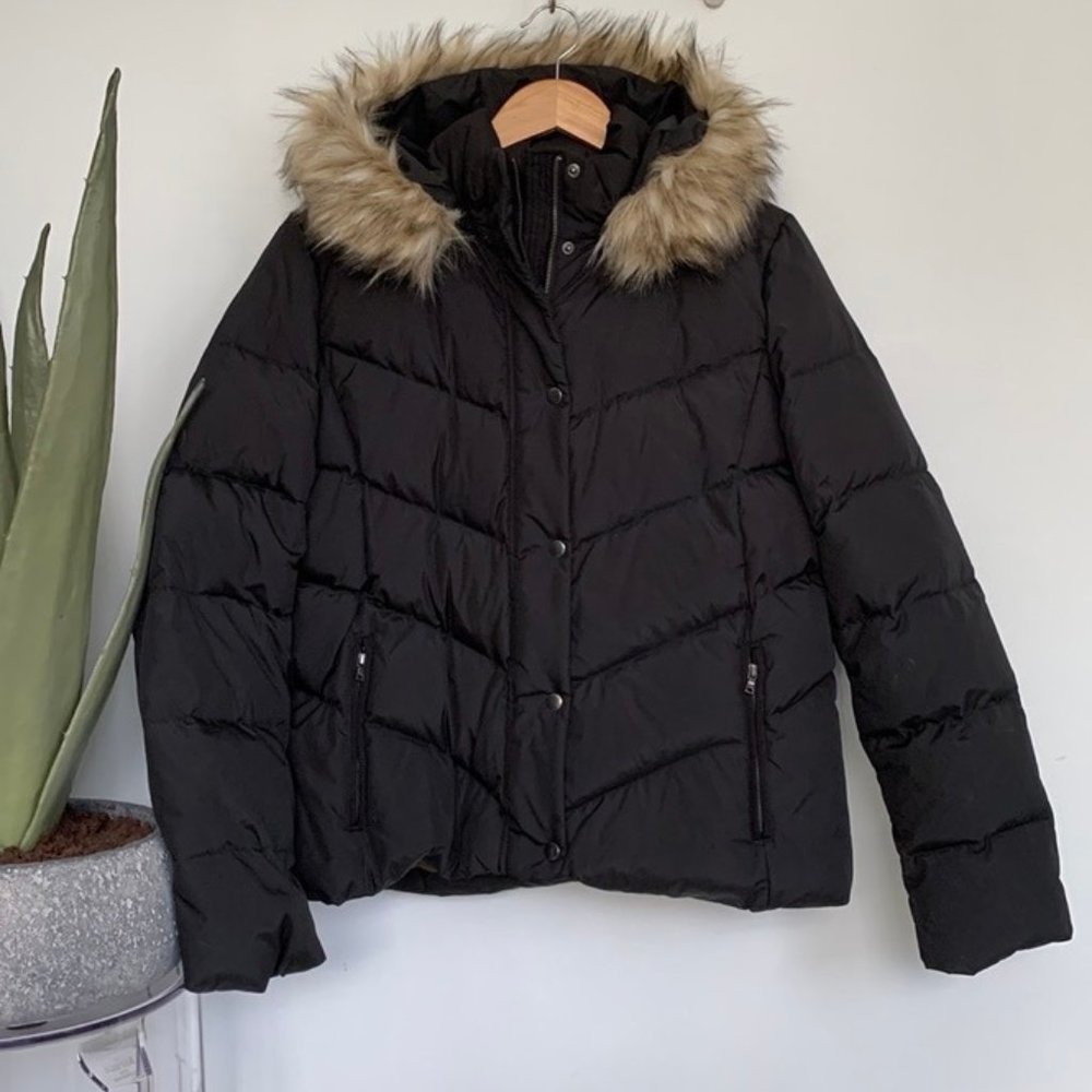 Gap down filled chevron channel puffer winter jacket / coat XL black